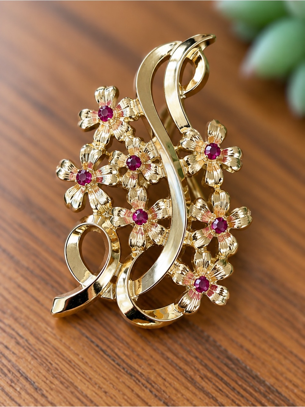 Vintage Gold Tone Floral Rhinestone Brooch – Pink Stones – Repair/Parts